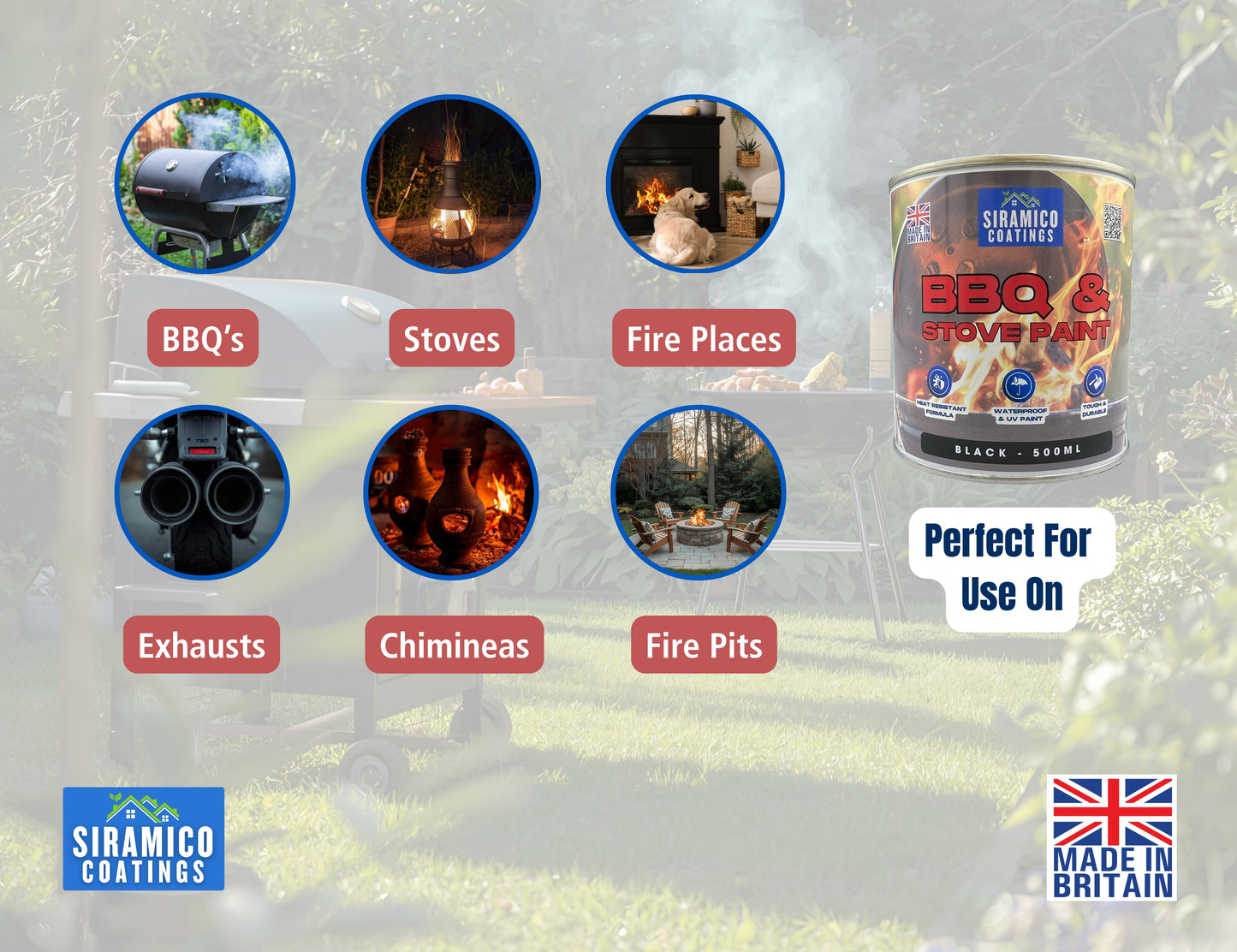 BBQ & Stove High Temperature up to 1000°C Paint | 500ml or 1 Litre  Black, White or Red - Matt | Siramico Coatings