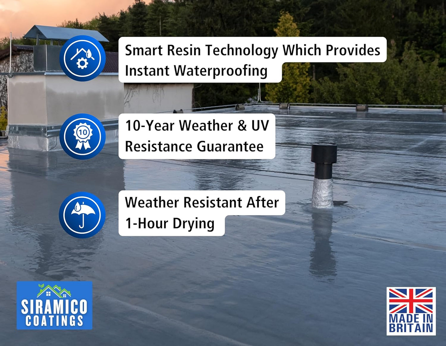 Siramico Liquid Rubber Roof Coating | 5 Litres | Instant Leak Seal Technology I Quick Drying, One Coat Waterproofing Sealant | Black, Grey & Clear