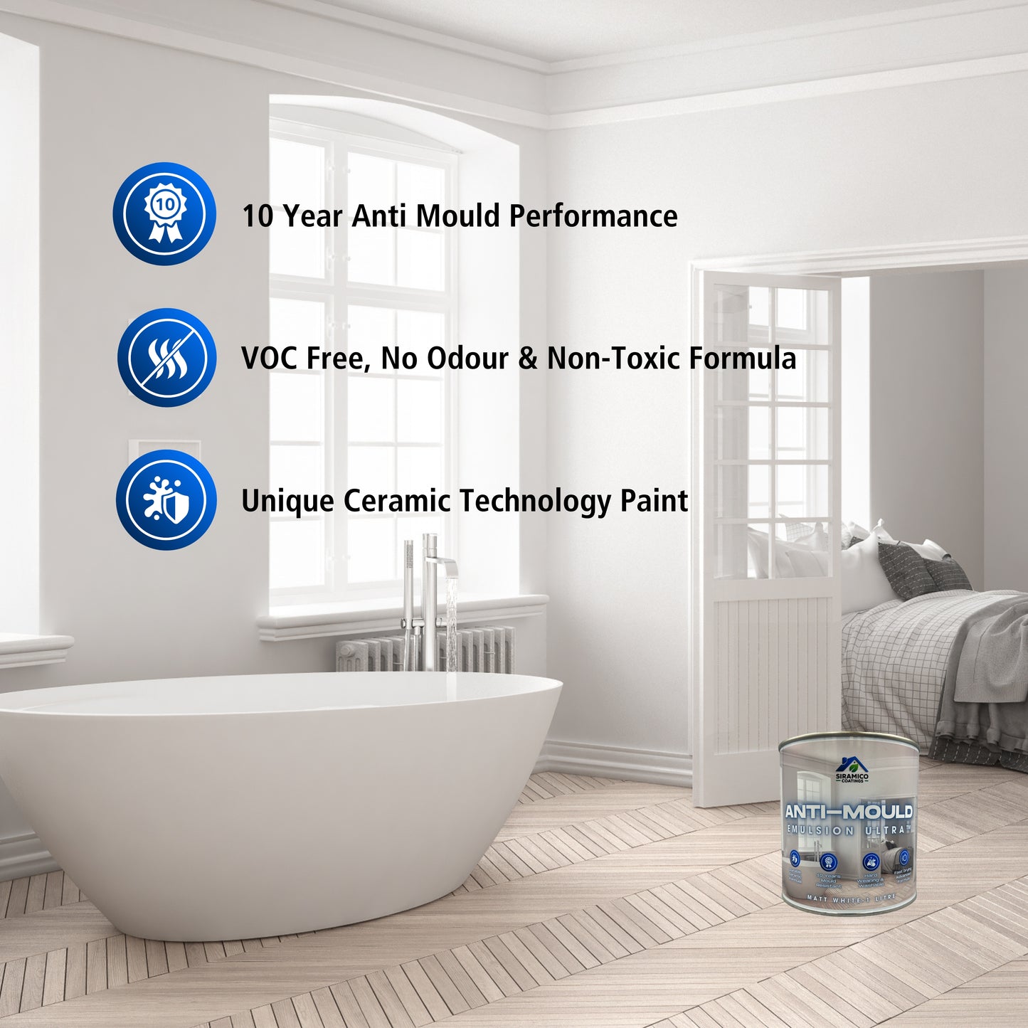 Anti-Mould Emulsion Ultra™ White Paint | 500ml 1 Litre 2.5 Litre or 5 Litre | Siramico Coatings