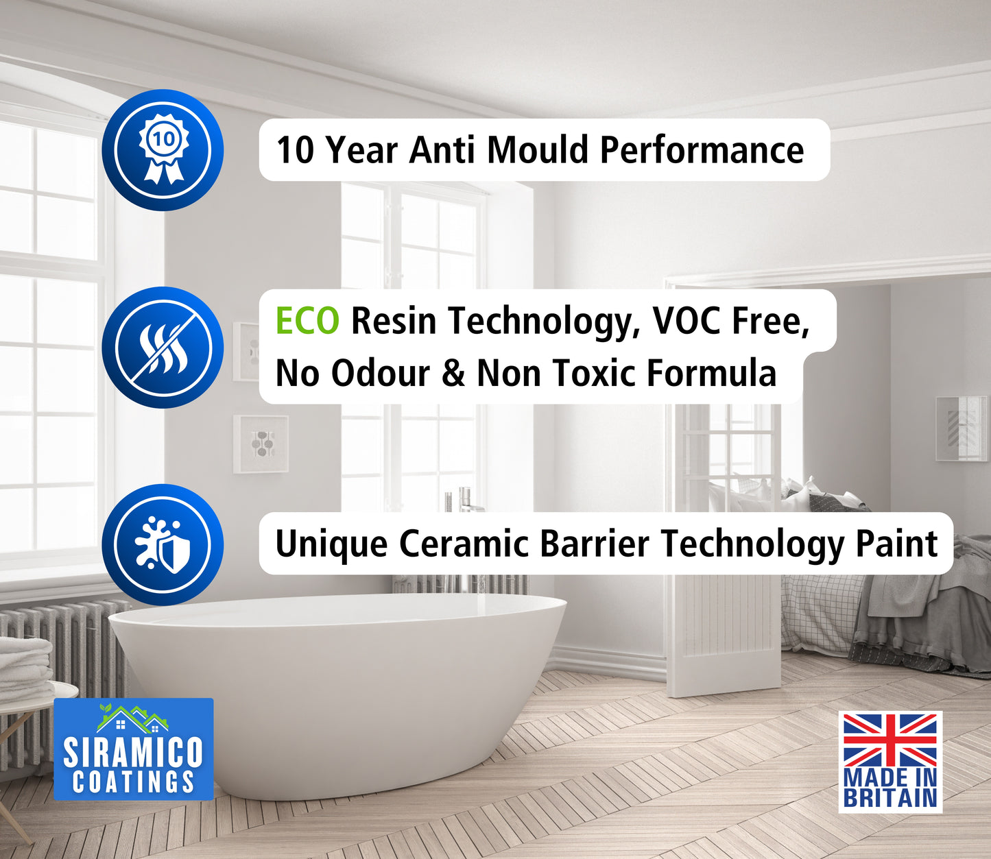 Anti-Mould Emulsion Ultra™ White Paint | 500ml 1 Litre 2.5 Litre or 5 Litre | Siramico Coatings