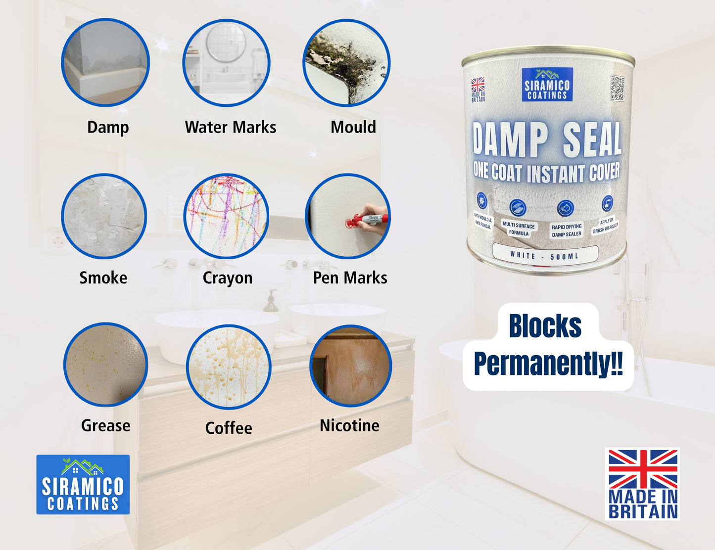 Damp Seal One Coat | 1, 2.5 & 5 Litres - Matt White | Siramico Coatings