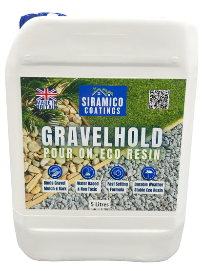 GRAVELHOLD Pour On ECO Resin™ Glue | 5 litres | Waterbased Binder for Gravel Stones and Mulch on Borders, Patios & Garden Paths. Non Toxic & Pet Friendly